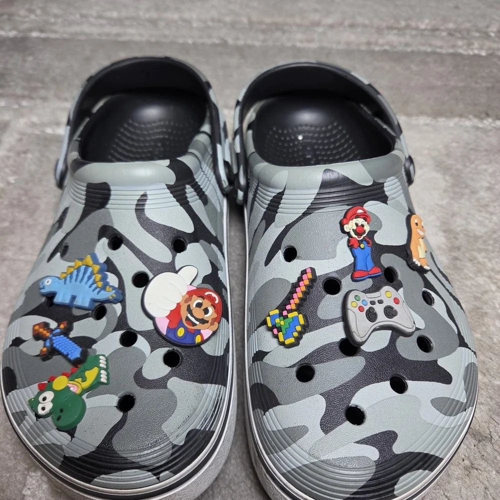 CROCS Kids Gray Camo Slip-On Sandals with Colorful Game & Character Charms